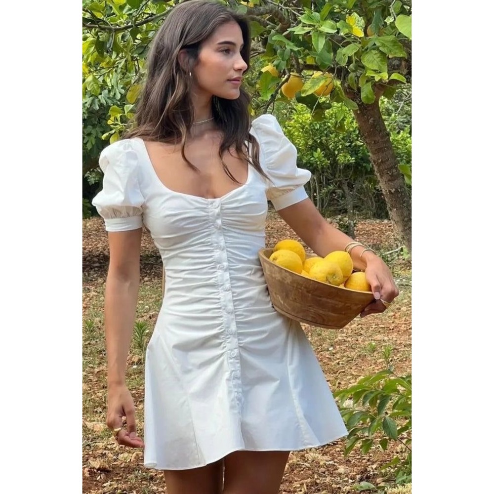 Commense White Ruched Puff Sleeve Mini Dress OA240401013 Small